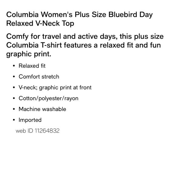 NWT Columbia T-Shirt Plus Size Blue Bird Day Relaxed V-Neck Blue Short Sleeve 2X - Picture 5 of 5